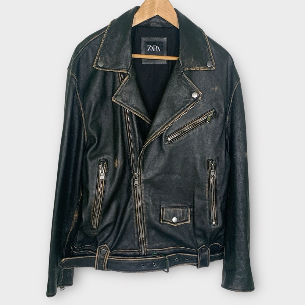 Zara Distressed Leather Biker Moto Jacket - Picture 3 of 16